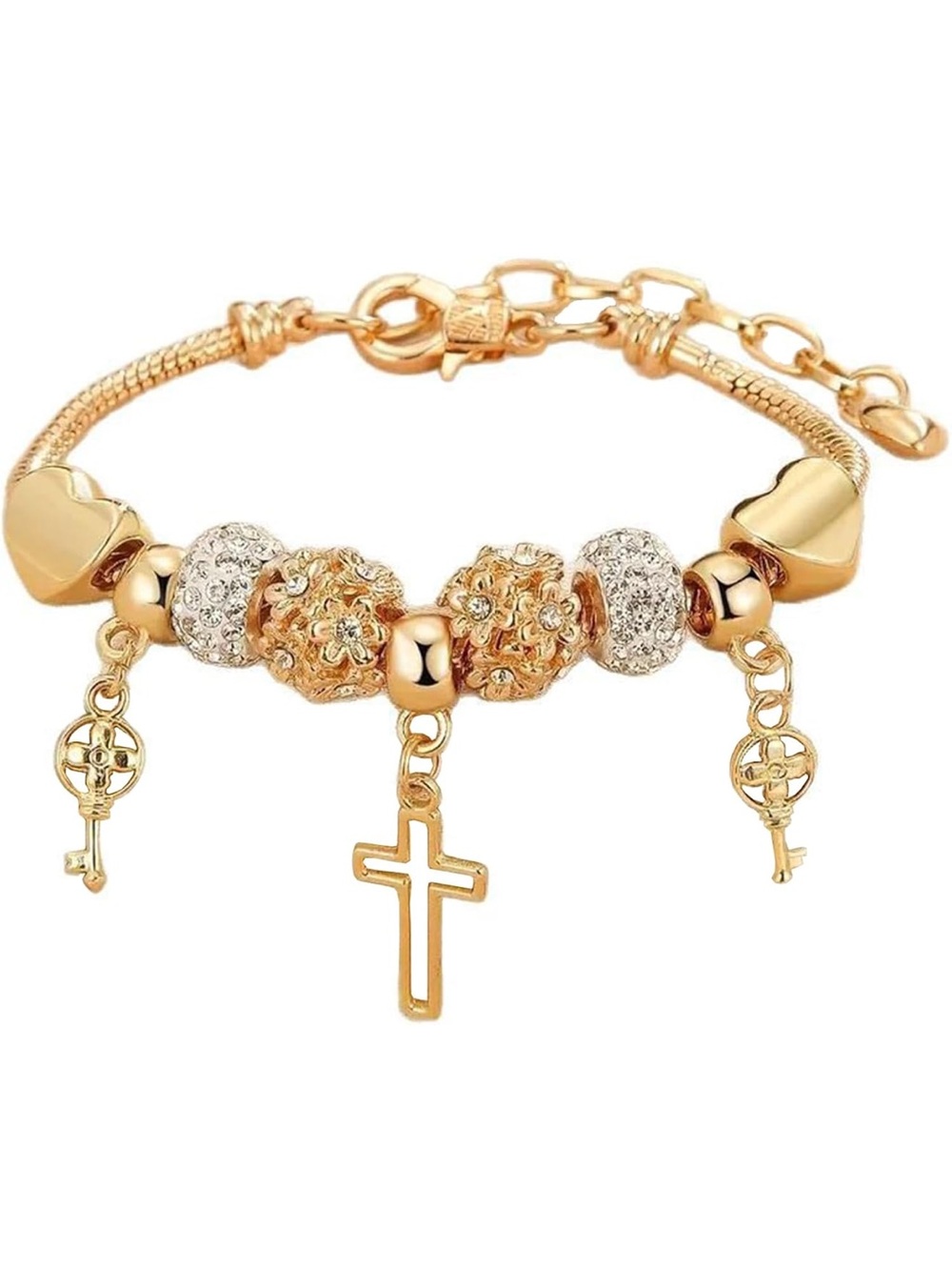 Anthropologie Gold-Tone Charm Bracelet with Cross and Key Drops